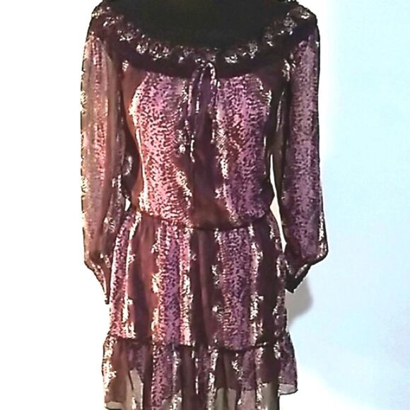 Xhilaration purple animal print sheer sleeve off shoulder ruffled mini dress - Picture 1 of 14